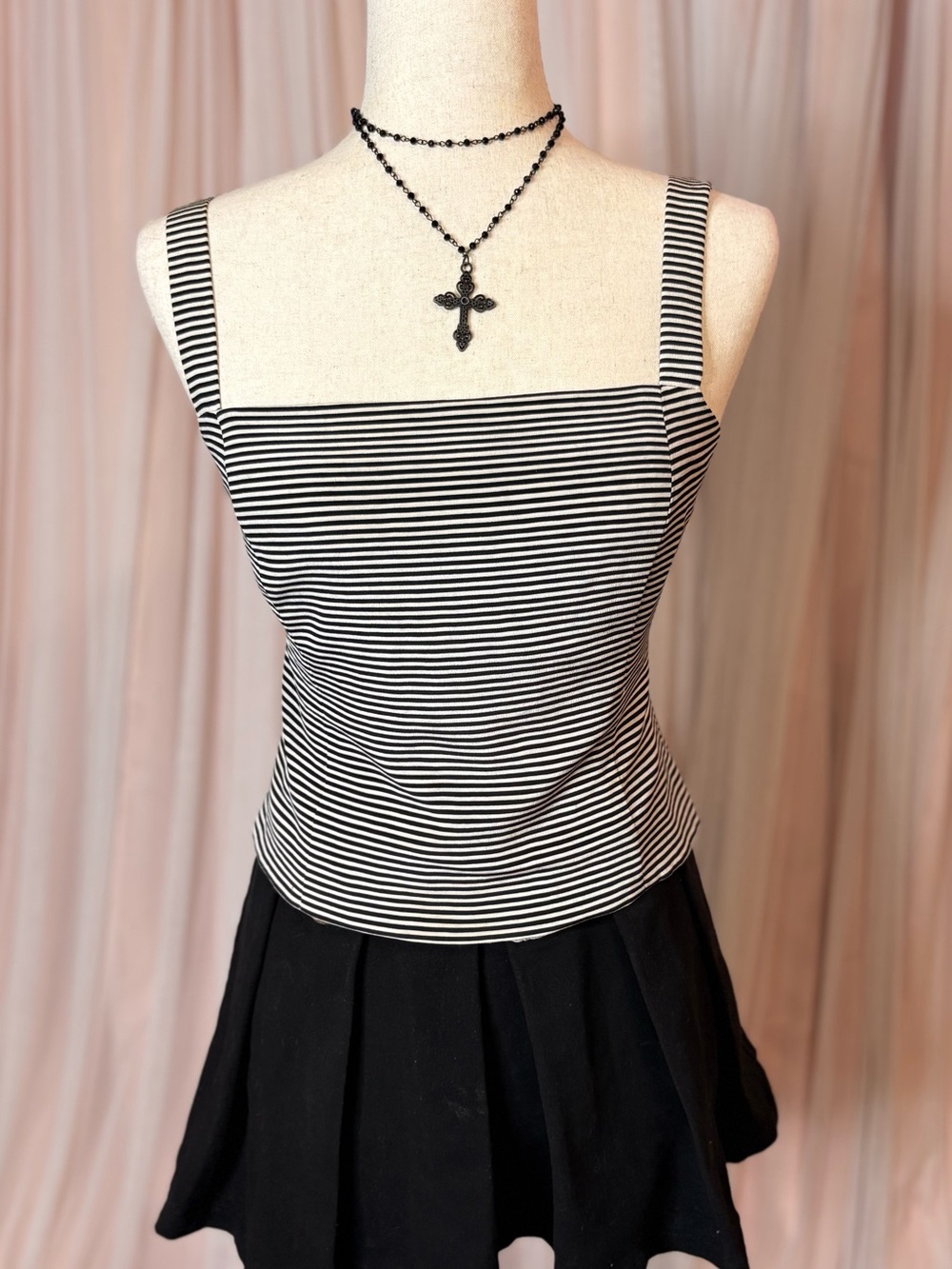 Worth, 100% silk, Black & White Striped Square-Neck Tank